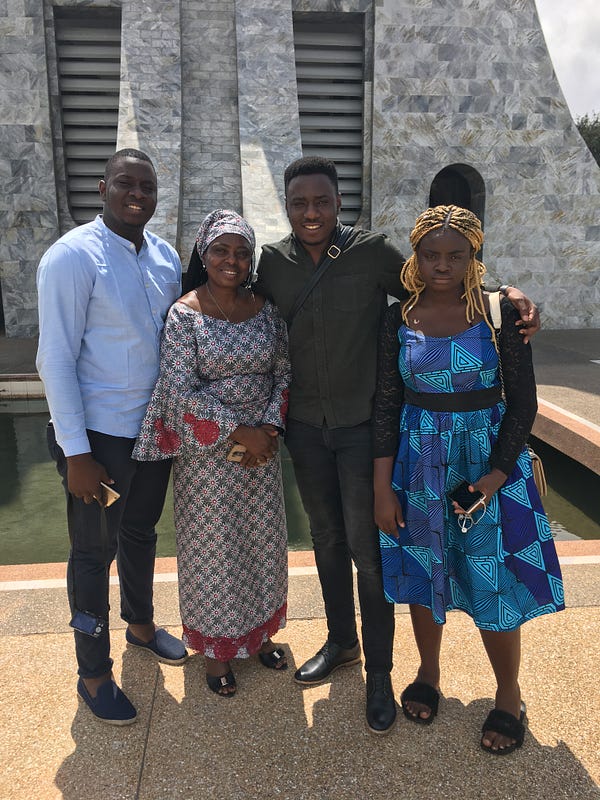 L: Tomi dolled up / C: Slaying at a send off / R: Family time, Accra