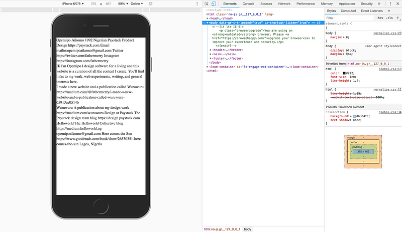 What the site looked like after I loaded the data into the components