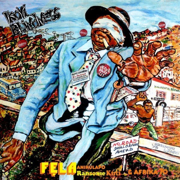 L: Karo Akpokiere, [Lagos Drawings](https://www.karoakpokiere.com/Lagos-Drawings); R: Fela album cover by [Lemi Ghariokwu](http://lemighariokwu.com), the King of Covers;
