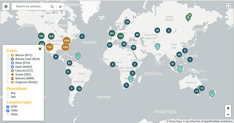 A map of Bitcoin ATMs across the world from [Coin ATM Radar](https://coinatmradar.com/). There are two in Accra.