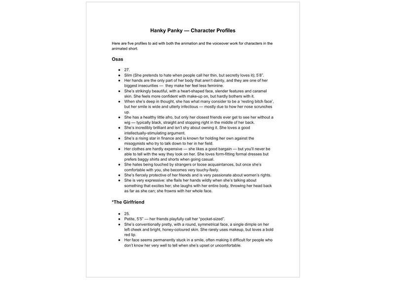 Screenshot of character profiles