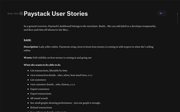 [Website Scope](https://quip.com/wS9XALA8FjGj/Paystack-Website-Scope) | [User Stories](https://quip.com/7E6vAy4i421C/Paystack-User-Stories) | [API Specs](https://quip.com/IbFaAJQuIK1o/paystack-api-v2)