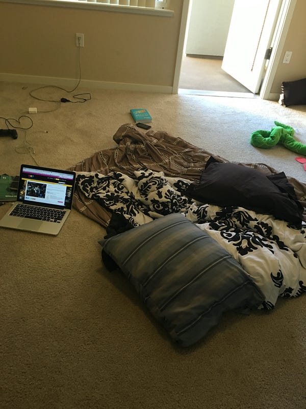 **L**: My first night at the apartment. **R**: We didn’t buy a couch until after Demo Day