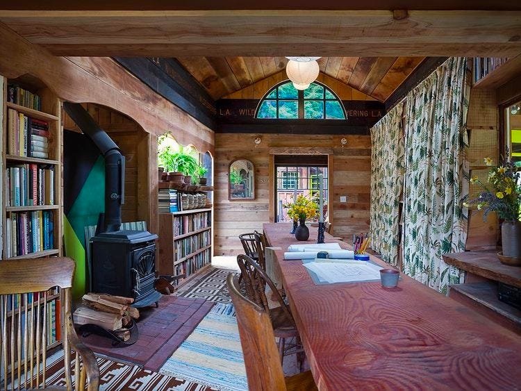 The Library at [Salmon Creek Farm](https://salmoncreekfarmeditions.org/) — a commune originally founded by psychology professor Robert Greenway and currently owned slash maintained as a social art project by Fritz Haeg.