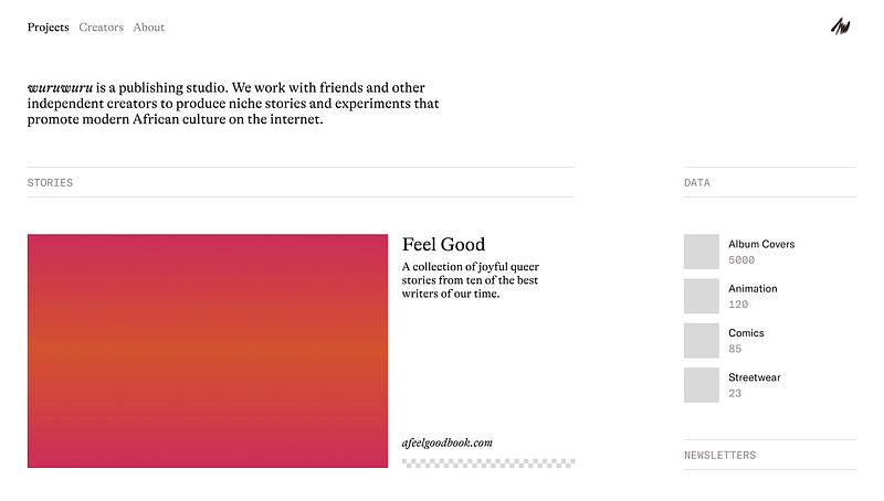 We’re making a [new website](https://www.figma.com/proto/qZqPYY5feGeDhf5CBepWAy/wuruwuru-v2.2?node-id=9%3A320&scaling=scale-down-width&page-id=9%3A319&starting-point-node-id=9%3A320) that should go live later this month. This version better explains the work we’re doing at the studio and makes it more accessible (esp the databases and creator profiles). Tomi & Nifemi are helping code the website and implement a CMS (Astro) to manage data easily. .