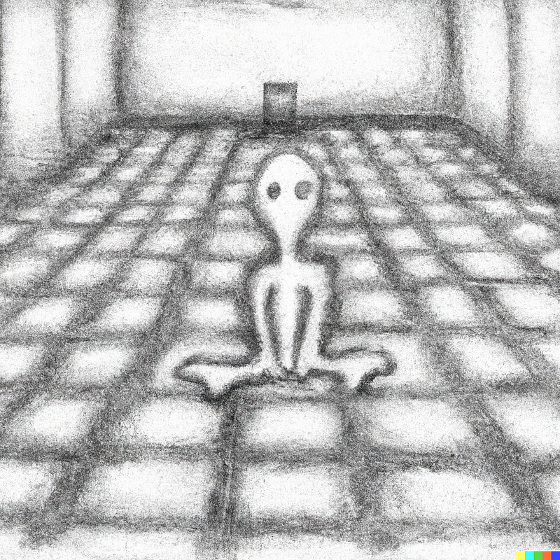 DALL-E “A dark pencil drawing of an alien sitting in the center of a large room, cross-hatching”